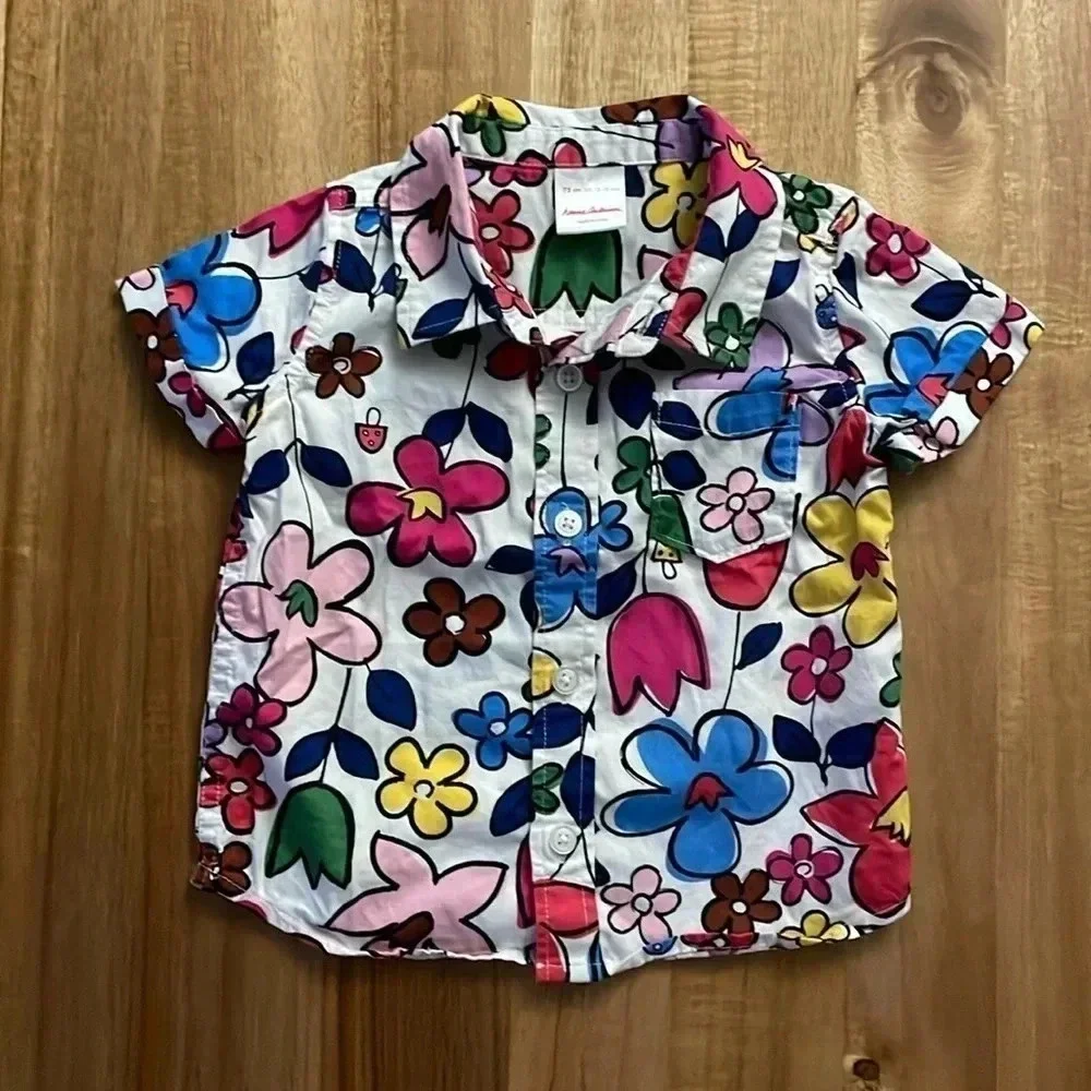 Hanna Andersson Floral Button Down Shirt Front Pocket and Short Sleeves, 12-18m - Picture 1 of 4